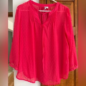 Elle Swiss Dot Fuchsia Cottage Core Tie V-neck Top Sheer Blouse M